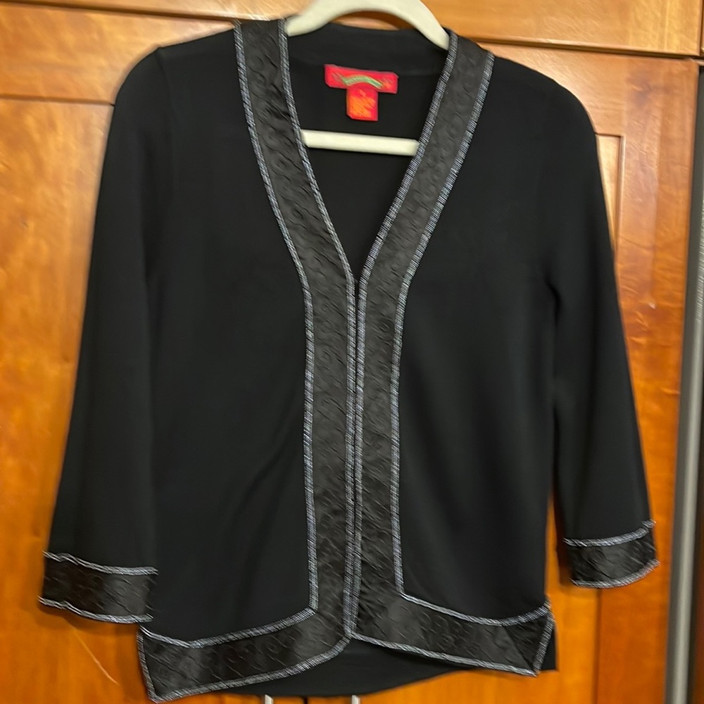 Shanghai Tang black cotton knit jacket with beading, hook & eye closure. Size S.